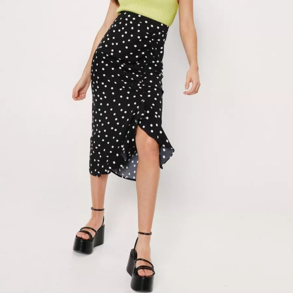 Nasty Gal Polka Dot Ruched Midi Skirt